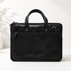 Svart laptopväska i läder, portfölj i fullnarvat läder, personlig arbetsväska, herrväska för kontoret, present till honom, MacBook-fodral