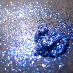 May include: Close-up of blue and silver glitter with a blurred background. The glitter is iridescent and reflects light.