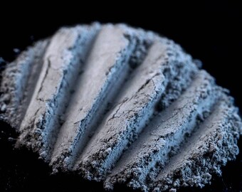 May include: A close-up of a pile of gray powder with a textured surface. The powder is arranged in a fan shape, creating a visually interesting pattern.