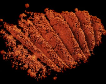 May include: A close-up of a pile of loose, dark brown cocoa powder on a black background. The powder is arranged in a series of parallel lines, creating a textured and visually appealing pattern.