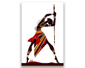Art de la silhouette du guerrier africain, décoration tribale minimaliste, Illustration de la culture ethnique, cadeau d'art unique, impression numérique haute résolution