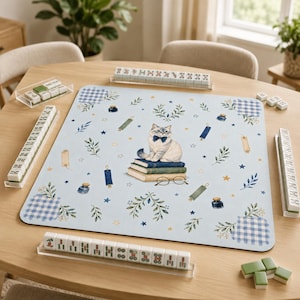 Blå katt Mahjongmatta med förvaringspåse Bokliknande kakelspelmatta 80 x 80 cm halkfri neoprenpresent till Mahjongspelare