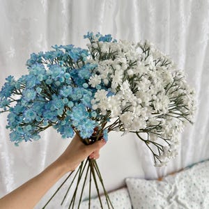 Può includere: Una mano che tiene due mazzi di fiori artificiali. Uno è azzurro, l'altro bianco. I fiori hanno molti piccoli fiori e steli verdi. Lo sfondo è una tenda bianca e un cuscino.