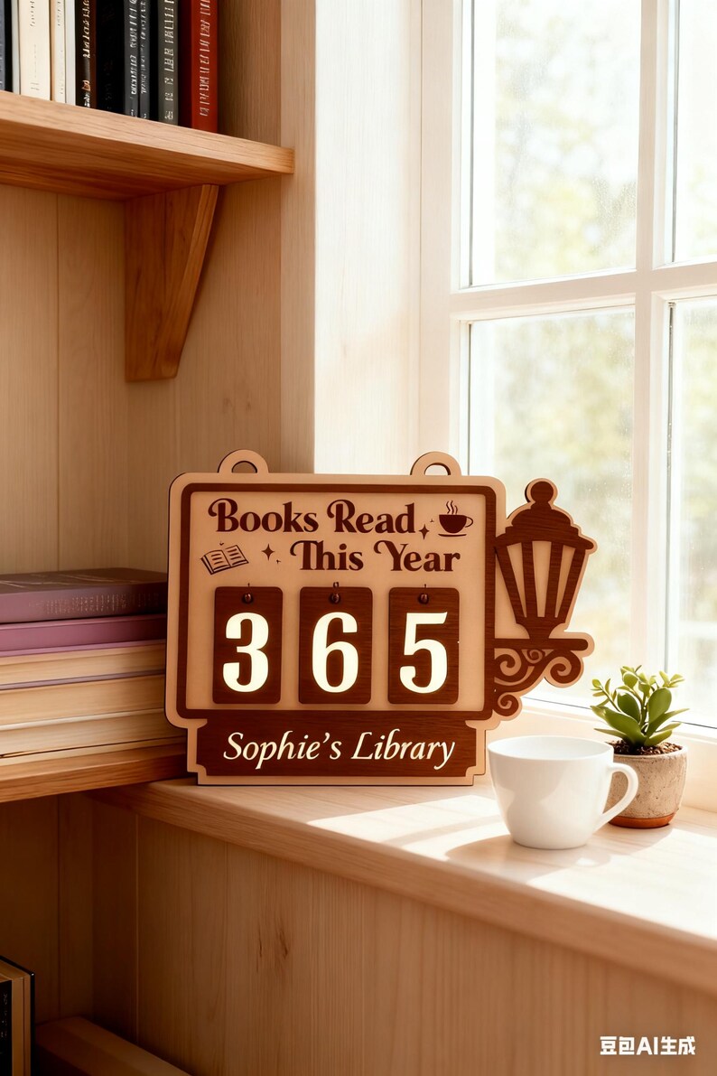Peut inclure: Panneau en bois avec le texte "Books Read This Year" et le chiffre "365". Le panneau comprend &eacute;galement le texte "Sophie's Library". Une tasse &agrave; caf&eacute; blanche et une petite plante en pot sont pos&eacute;es sur un rebord de fen&ecirc;tre en bois.