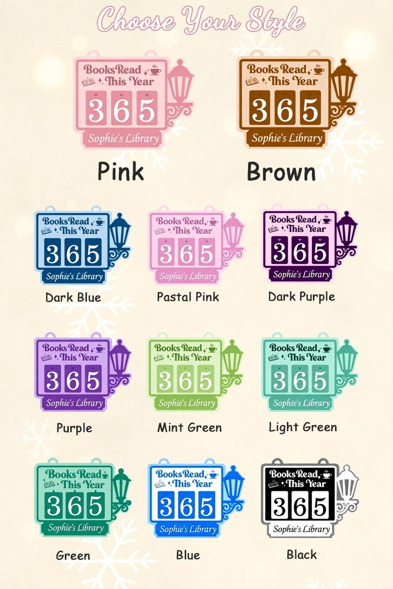 Peut inclure: Une s&eacute;lection de designs de suivi de lecture color&eacute;s. Chaque design pr&eacute;sente le texte "Books Read, This Year" et "365", ainsi que "Sophie's Library". Les couleurs incluent rose, marron, bleu fonc&eacute;, rose pastel, violet fonc&eacute;, violet, vert menthe, vert clair, vert, bleu et noir.
