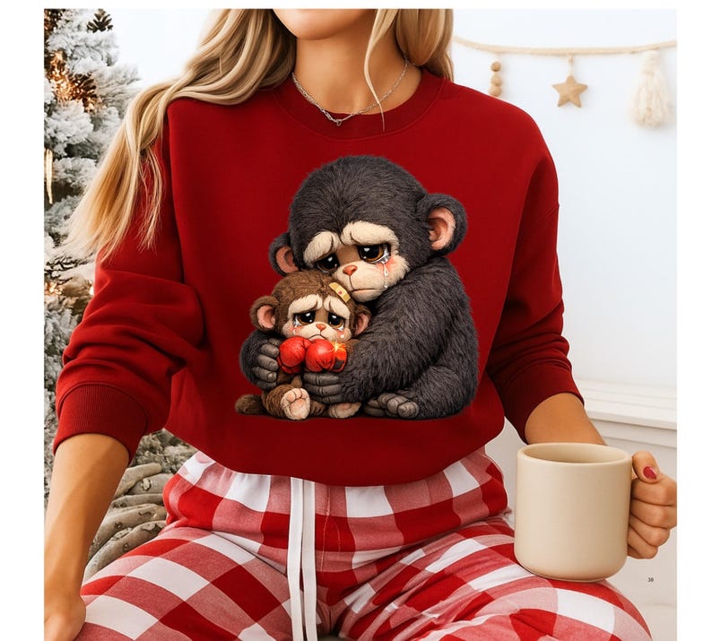 May include: A red sweatshirt featuring a graphic of two sad cartoon monkeys hugging. The larger monkey is dark gray, and the smaller monkey is brown, holding red boxing gloves. The monkeys have teary eyes.