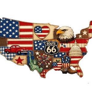 May include: A decorative map of the United States, featuring a patchwork design with patriotic symbols. Includes a red truck, the Statue of Liberty, Route 66 sign, an eagle, and cowboy boots. The map is adorned with stars and stripes.