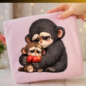 May include: A pink plush pillow featuring a sad monkey hugging a smaller monkey. The larger monkey is dark gray with a cream-colored face and is shedding a tear. The smaller monkey is brown and wearing red boxing gloves.
