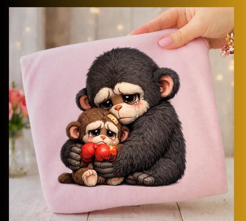 May include: A pink plush pillow featuring a sad monkey hugging a smaller monkey. The larger monkey is dark gray with a cream-colored face and is shedding a tear. The smaller monkey is brown and wearing red boxing gloves.