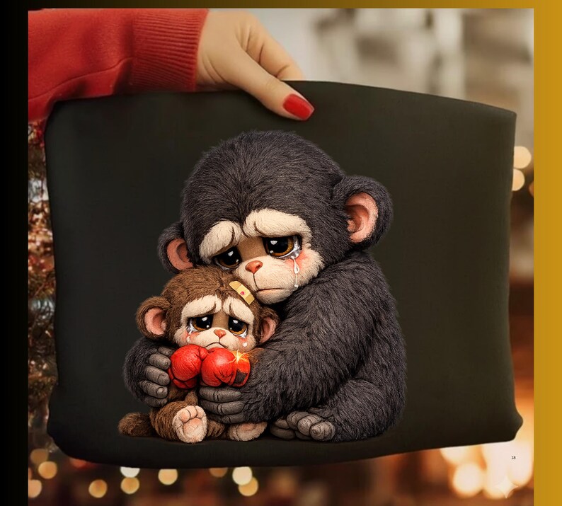 May include: A black pillow featuring a digital illustration of two sad cartoon monkeys hugging. The larger monkey has dark gray fur, and the smaller monkey has brown fur and red boxing gloves. Both monkeys have tears.