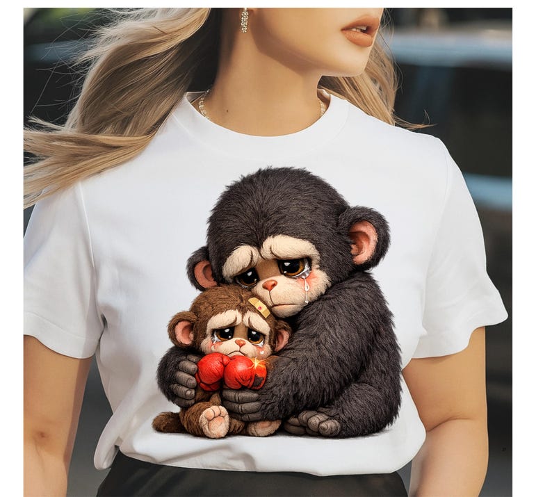 May include: White t-shirt featuring a graphic of two sad cartoon monkeys hugging. The larger monkey is dark brown with a bandage on its head, and the smaller monkey is brown and wearing red boxing gloves. Both have tears.