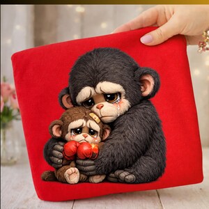 May include: A red plush pillow featuring a sculpted image of two crying monkeys. The larger monkey, with dark fur, embraces a smaller monkey wearing red boxing gloves. Both have tear streaks and bandages.