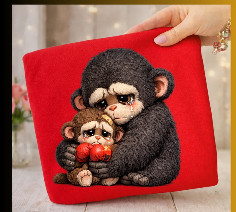May include: A red plush pillow featuring a sculpted image of two crying monkeys. The larger monkey, with dark fur, embraces a smaller monkey wearing red boxing gloves. Both have tear streaks and bandages.
