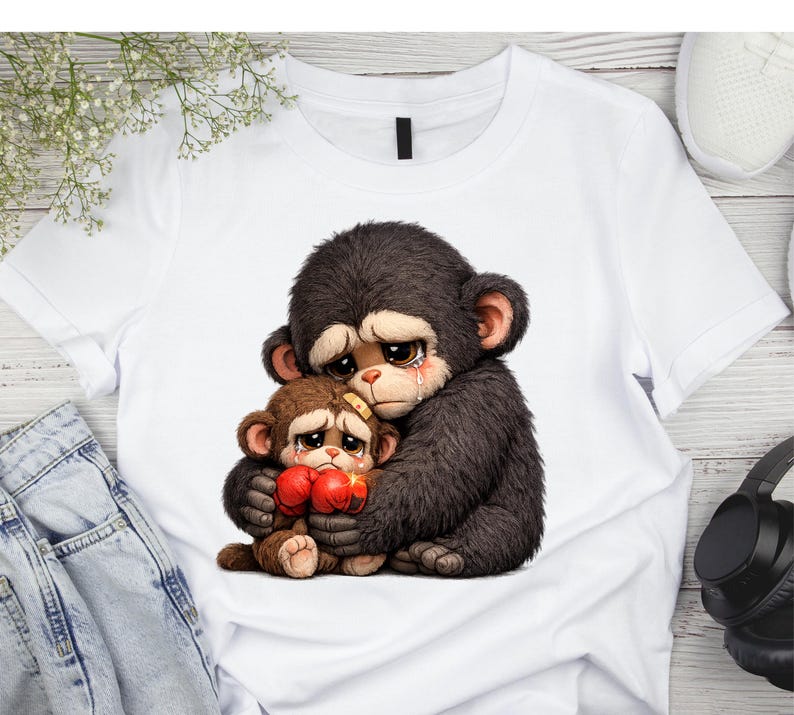 May include: White t-shirt featuring a graphic of two sad cartoon monkeys hugging. The larger monkey is dark brown with a tear rolling down its cheek. The smaller monkey is brown and wearing red boxing gloves.