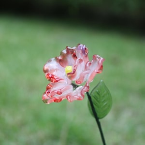 May include: A delicate, handcrafted glass flower with pink and red petals and a yellow center. The flower has a green stem and leaf. The background is a soft, blurred green.