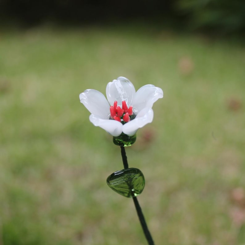May include: A handcrafted glass flower with a white, translucent petal design and a red center. The flower sits atop a dark stem with a green leaf and a green base. The background is a blurred green.