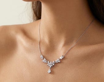 Crystal Bridal Necklace, Delicate Silver Pendant, Elegant Wedding Jewelry