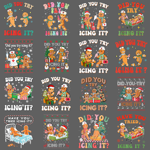Op de afbeelding: Een verzameling kerstthema grafische ontwerpen met peperkoekmannen in verschillende scenario's. De ontwerpen bevatten tekst die luidt "Did You Try Icing It?" en "Have You Tried Icing It?" De peperkoekmannen zijn gekleed als verpleegsters, patiënten en zijn versierd met vakantie-elementen.