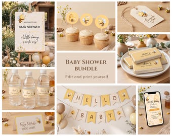 Paquete para baby shower con temática de abejas, "Un poco de miel está en camino", invitación editable en Canva, juegos y decoraciones para baby shower.