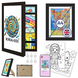 以下が含まれることがあります： 「BOREAL-KIDS」の文字が入ったスパイラルデザインなど、カラフルなイラストが描かれた黒いフレームアート。塗り絵、スマートフォン、英国ブランドのロゴが入ったA4サイズのフレームプリントも含まれています。