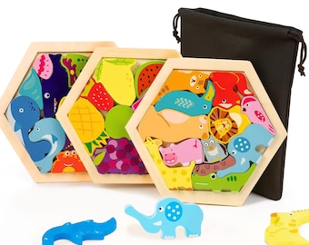 Montessori Wooden Puzzle Set - 3 units - Animal & Fruit Puzzles with Storage Bag