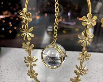 Gold Floral Crystal Ball Ornament, Elegant Tabletop Sculpture for Mantel or Desk Decor, Luxury Modern Home Accent, Housewarming Gift