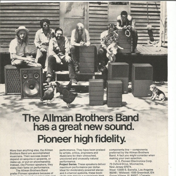 1974 Advertisement Allman Brothers for Pioneer Stereos 70s Dwayne Celebrity Rock and Roll Black and White Studio Club Bar Wall Art Decor