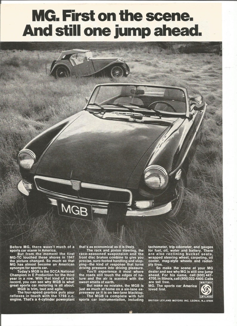 VINTAGE AD MG 1974 MGB Black Convertible Sports Car First On The Scene