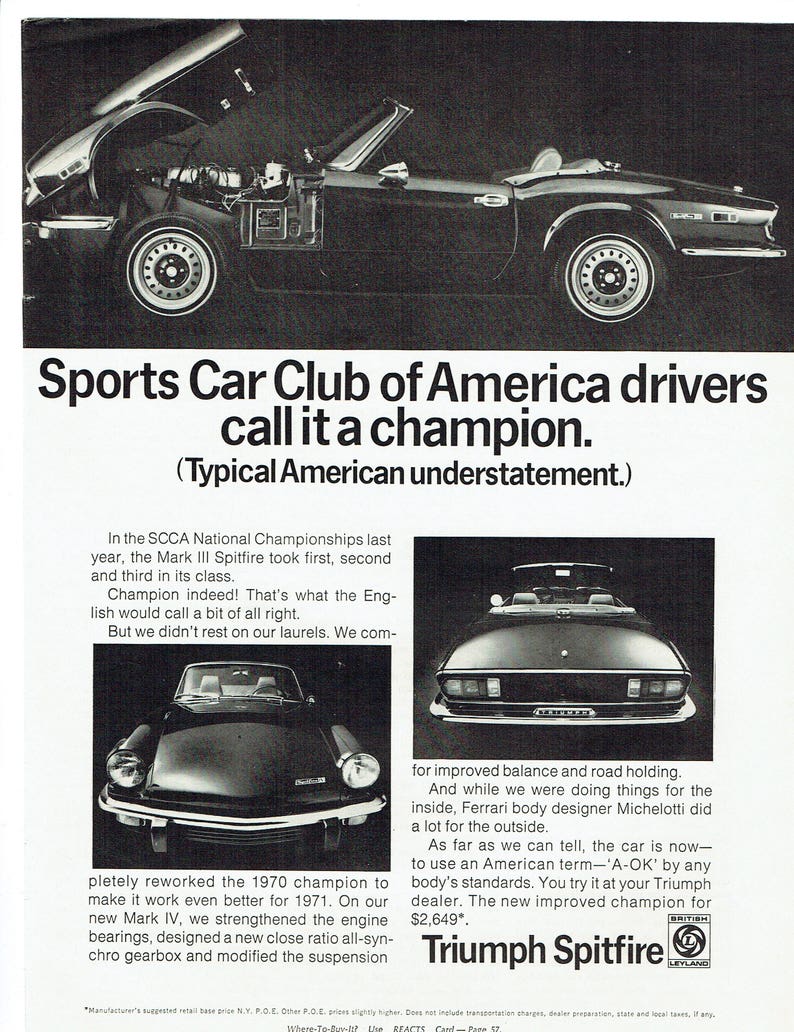 1971 Advertisement Triumph Spitfire Convertible Sports Car Etsy