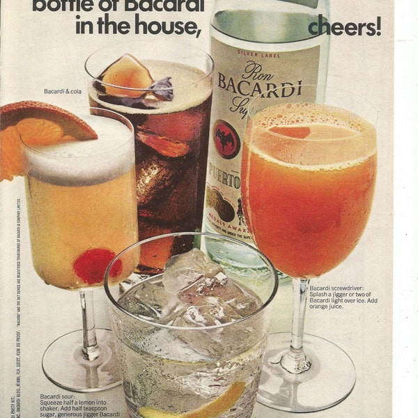 1971 Advertisement Bacardi Rum Screwdriver Cola Sour Cocktails 70s Mixed Drinks Pub Bar Man Cave Restaurant Cheers Wall Art Decor