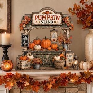 May include: A decorative wooden pumpkin stand featuring a distressed green finish, orange and white pumpkins, and signs reading PUMPKIN STAND, FARM FRESH & LOCAL, PICK YOUR PERFECT PUMPKIN, and HAPPY FALL Y'ALL, accented with artificial autumn leaves.