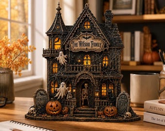 Custom Family Name Halloween Haunted House, Personalized Spooky Wooden Block Decor, Spooky Gothic Home Decor
