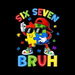 Può includere: Un personaggio di puzzle dei cartoni animati con occhiali da sole e un berretto rosso, con le parole "SIX SEVEN BRUH" in lettere a bolle colorate. Il personaggio fa un gesto con la mano "ok" e indossa scarpe da ginnastica.