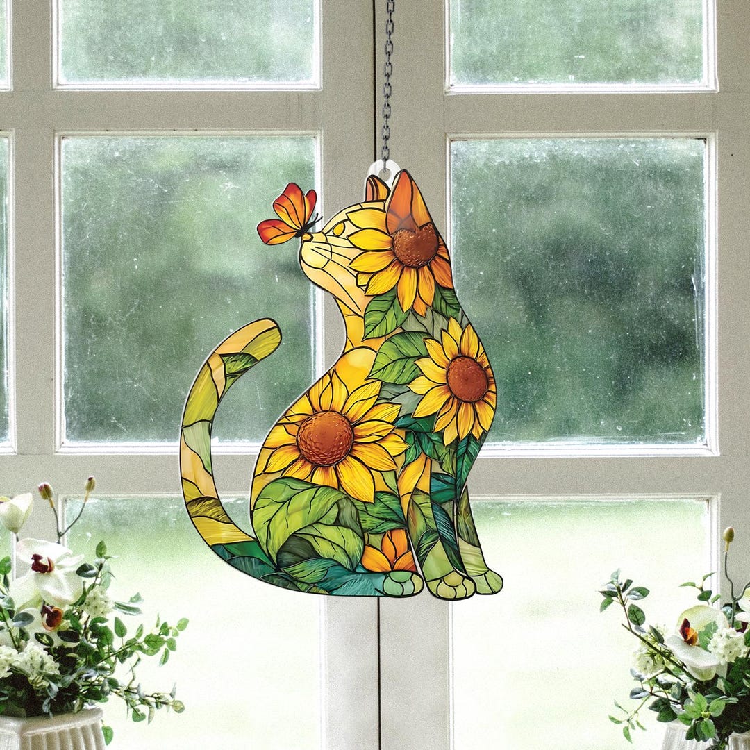 Sunflower Cat ACRYLIC Suncatcher, Sunflower Cat FAUX Stained Glass ...