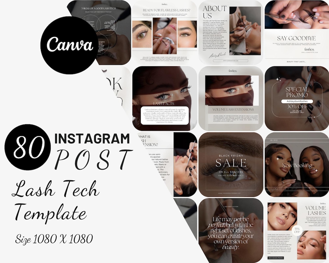 Editable Lash Tech Instagram Template Canva | 80 Beauty Salon Posts ...