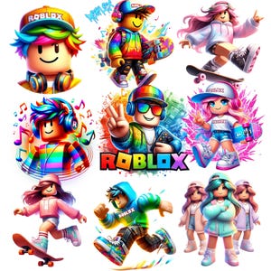 Könnte beinhalten: Eine Sammlung farbenfroher Roblox-Charakterillustrationen. Die Bilder zeigen Charaktere mit leuchtenden Haaren, Hüten und Kopfhörern, einige halten Skateboards oder zeigen das Peace-Zeichen. Das Roblox-Logo ist in mehreren Bildern prominent dargestellt.