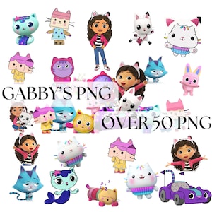 May include: A selection of colourful Gabby's Dollhouse PNG images. The images feature various cartoon cat characters, Gabby, and a purple race car. Text on the image reads "GABBY'S PNG OVER 50 PNG".