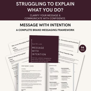 May include: A 94-page brand messaging framework workbook titled Message With Intention. The set includes multiple white printed pages with black text, featuring sections like Founder's Note and Contents, arranged behind a dark square cover card.