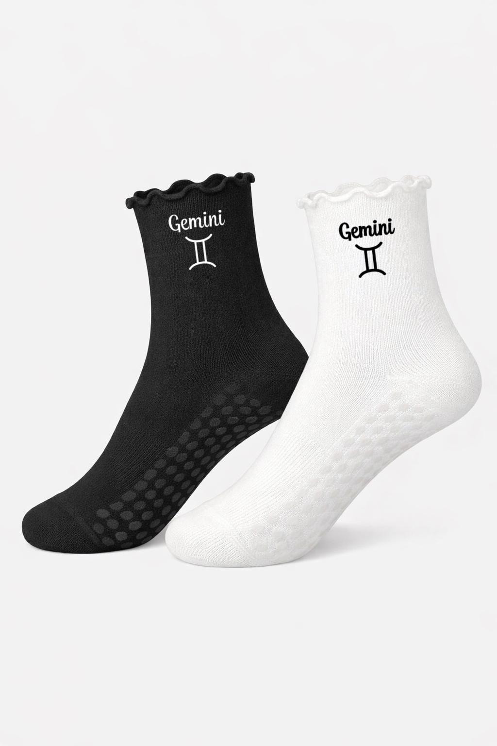 Gemini Non Slip Pilates Socks with Ruffle Cuff Grip Yoga & Barre Socks Anti Slip Ankle Socks Black and White