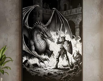 Knight vs Dragon Matte Vertical Poster, Medieval Art Print, Fantasy Wall Decor, Book Illustration, Mythical Creature Artwork