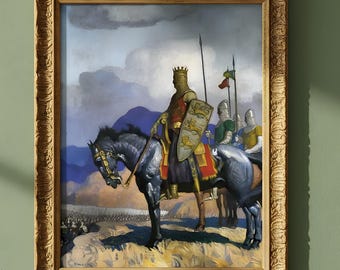 Warrior King Poster, Medieval Battle Wall Art Print, Historical Home Decor, Knight On Horse Painting, Dungeons and Dragons Gift