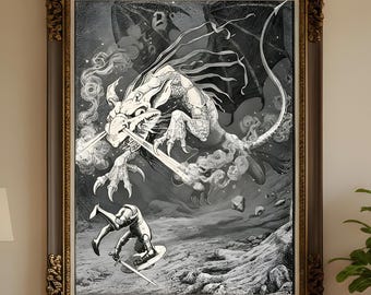 Knight Battling Dragon Antique Illustration Art Print Poster, Medieval Decor, Home Office Decor, Matte Poster Print, Fantasy Poster