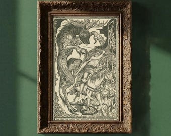 Antique Fairytale Knight Poster, Medieval Warrior Print, Fantasy Castle Illustration Decor