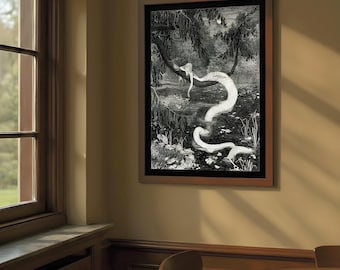 Vintage Mermaid Lagoon Illustration, Fantasy Art Print