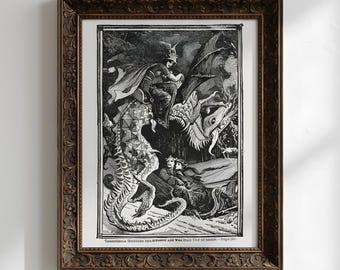Knight Battling Dragon Antique Illustration, Medieval Warrior Fantasy Art Print