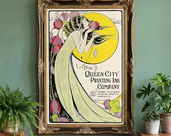 Vintage Queen City Printing Ink Company Art Noveau Poster, Antique Advertising Art Print, 20th Century Illustration, Retro Print Shop