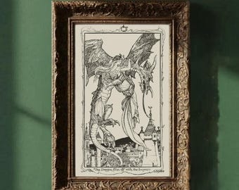 Dragon and Princess Fairytale Illustration, Vintage Fantasy Storybook Art Print, Medieval Mythical Wall Decor, Enchanted Castle Poster