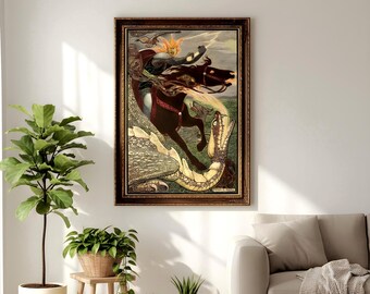 Dragon Slayer Wall Art, Fantasy Knight Poster, Medieval Decor Print, Sword Warrior Artwork, Mythical Creature Illustration