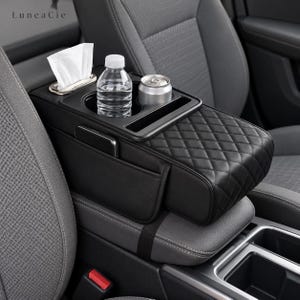 Car Armrest Cushion with Storage – Memory Foam Pad, Height Booster, Tissue Box & Cup Holder – Universal Car Console Organizer