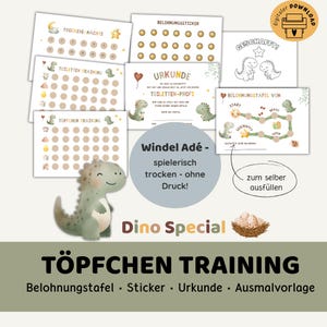 Könnte beinhalten: Druckbare Töpfchentrainingsmaterialien mit Dinosaurier-Motiv. Enthält Diagramme, Aufkleber und Zertifikate. Der Text enthält "TÖPFCHEN TRAINING" und "Dino Special".